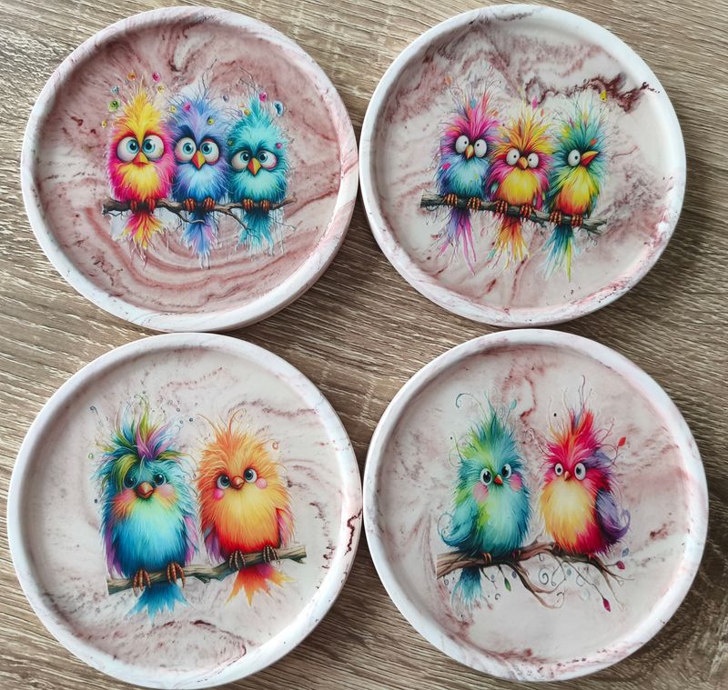 Lot de 4 sous verres - Oiseaux - marbré rouge oxyde