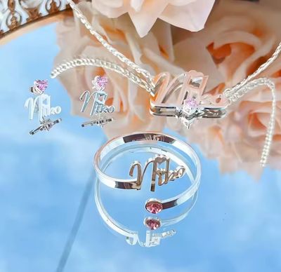 Diamond Birthstone Necklace + Bangle + Knob Earrings