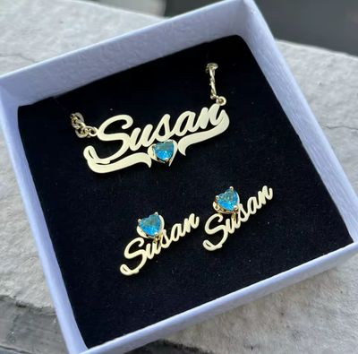 Ribbon Heart Birthstone Necklace + Earring