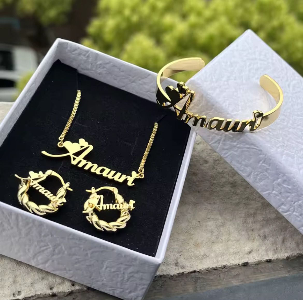 Custom Name Necklace + Bangle + Earring Set