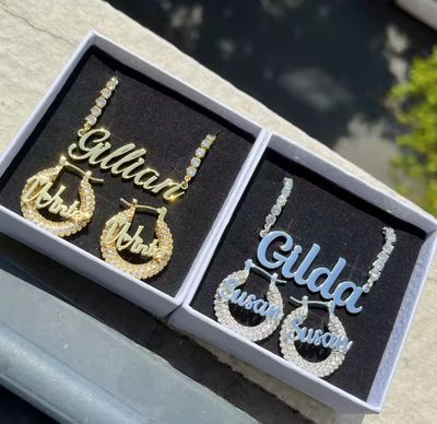 Bling Name Hoop Earrings + Pendant Set