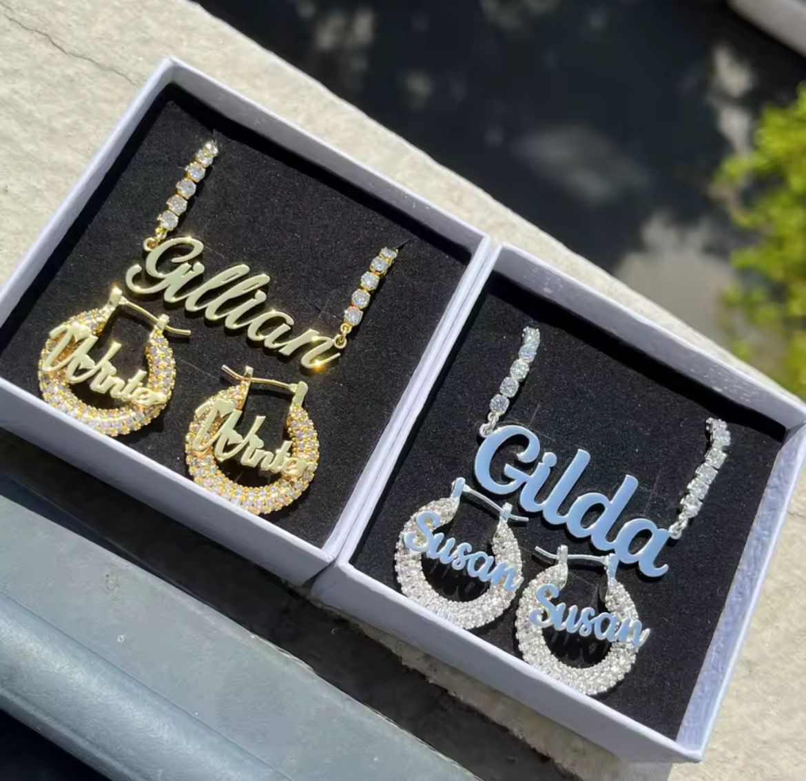 Bling Name Hoop Earrings + Pendant Set