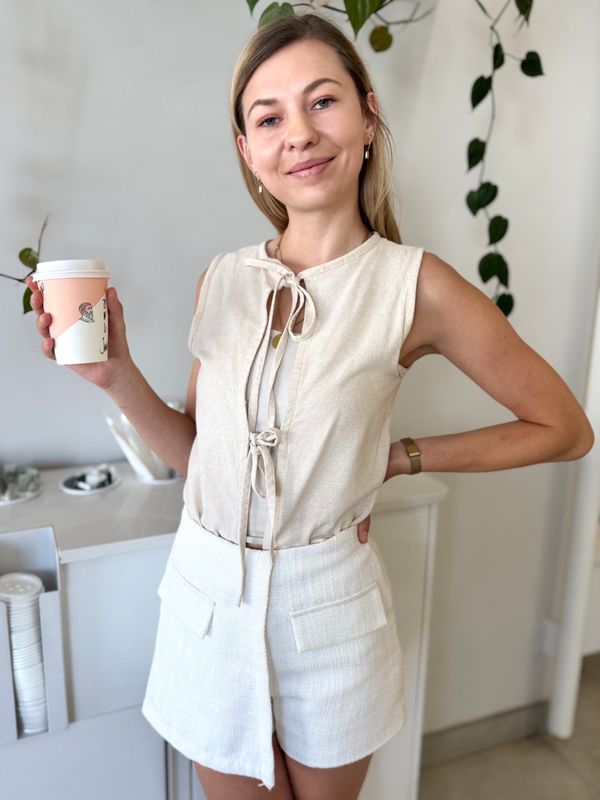 Front Tie Linen Blend Top