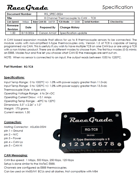 RaceGrade TC8 to CAN RaceGrade TC8 to CAN