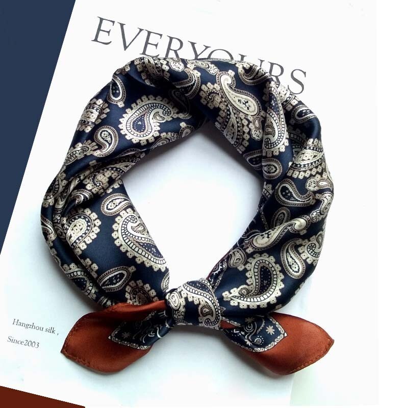 Men&#39;s 100% Mulberry Silk Neckerchief Scarf Bandanas Cashew Flower Pattern Navy Turban(53x53cm)