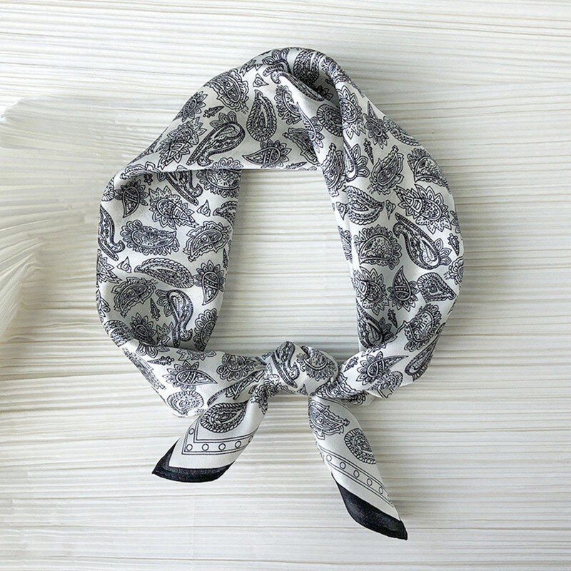 Men&#39;s 100% Mulberry Silk Neckerchief Scarf Bandanas Cashew Flower Pattern White Turban(53x53cm)