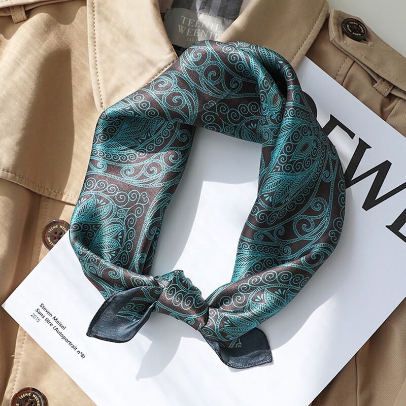 Men&#39;s 100% Mulberry Silk Neckerchief Scarf Bandanas  Indian Lamp  Pattern Seagreen Turban(53x53cm)