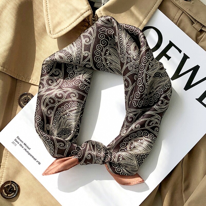 Men&#39;s 100% Mulberry Silk Neckerchief Scarf Bandanas  Indian Lamp Pattern Coffee Turban(53x53cm)