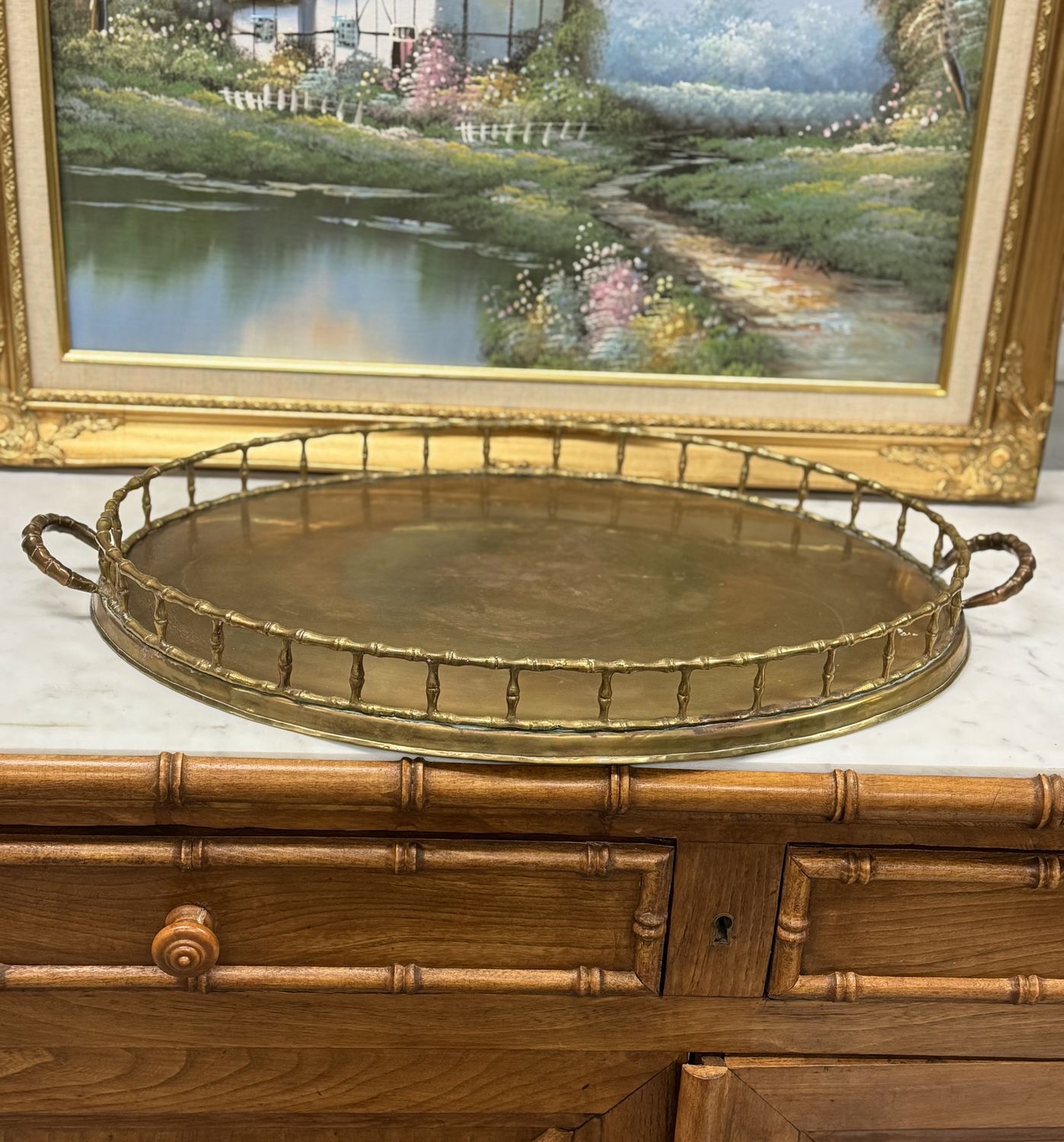 Brass and bamboo oval tray