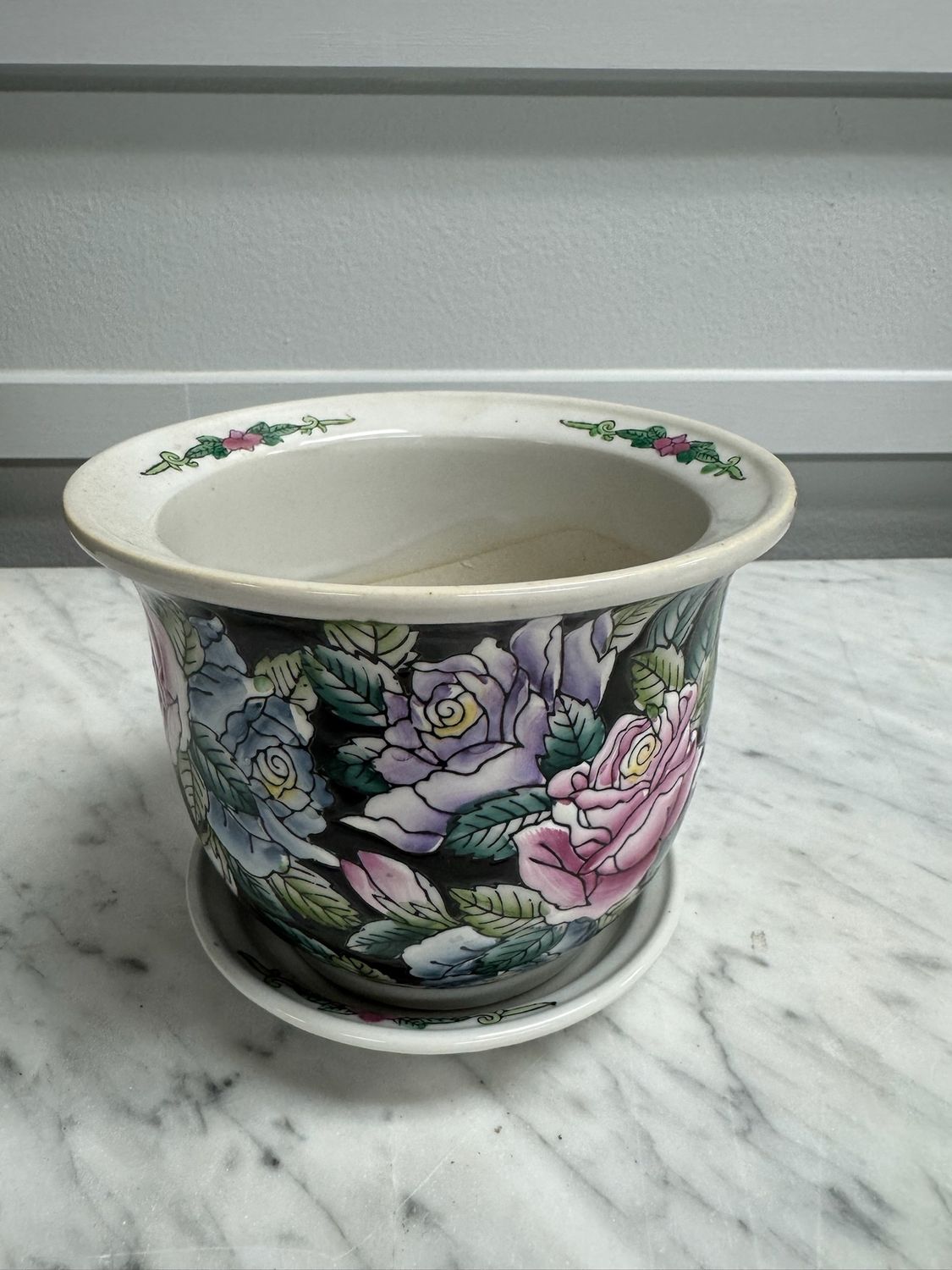 Black and floral small planter