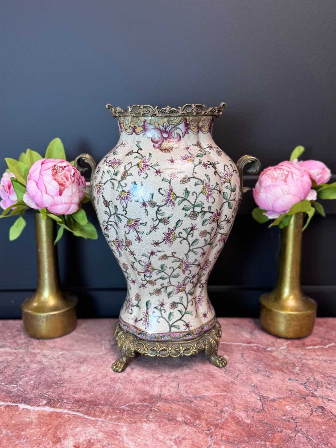 Hand painted floral and metal crackle glaze vase