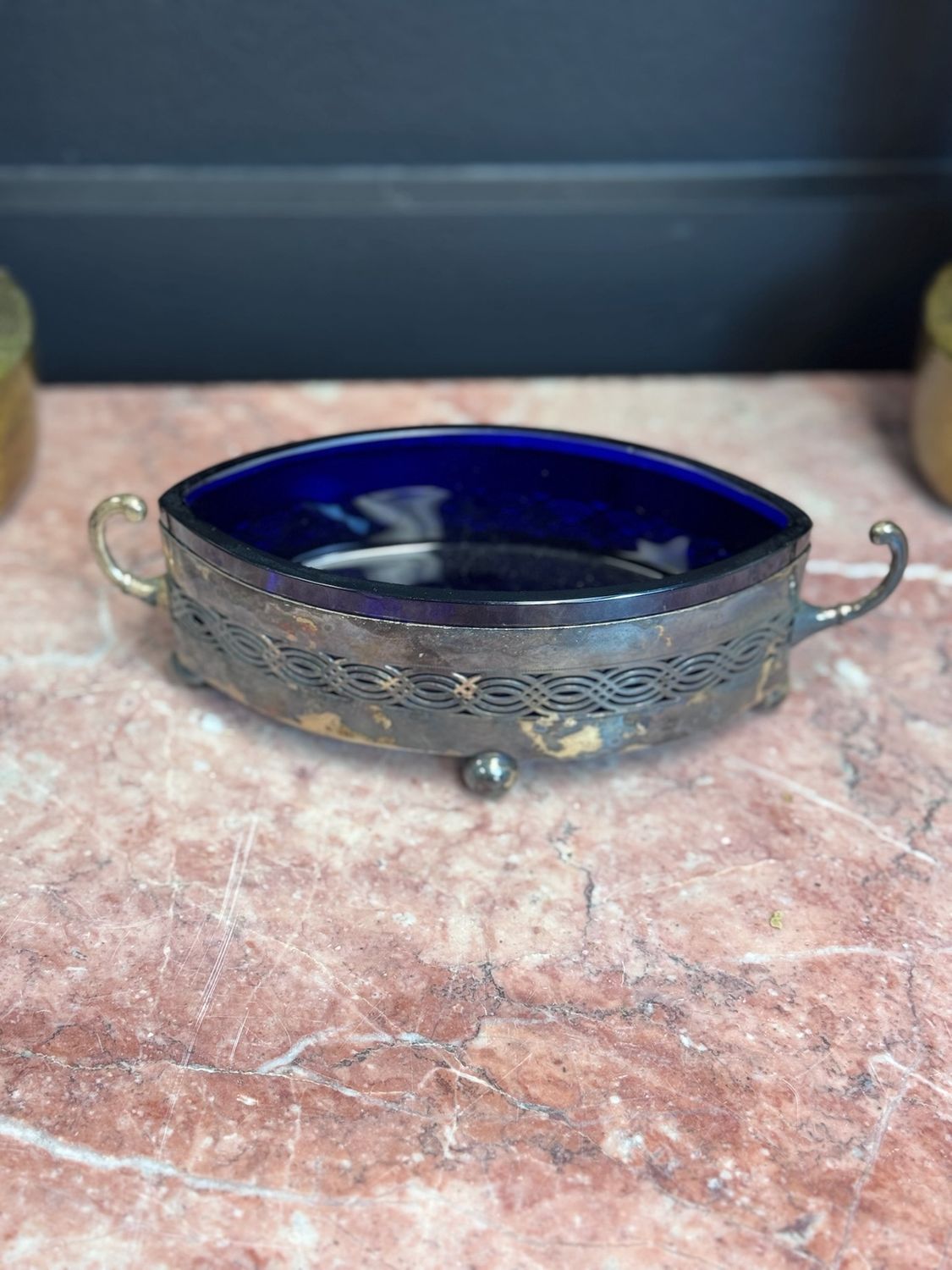 Cobalt blue glass and Silverplate container