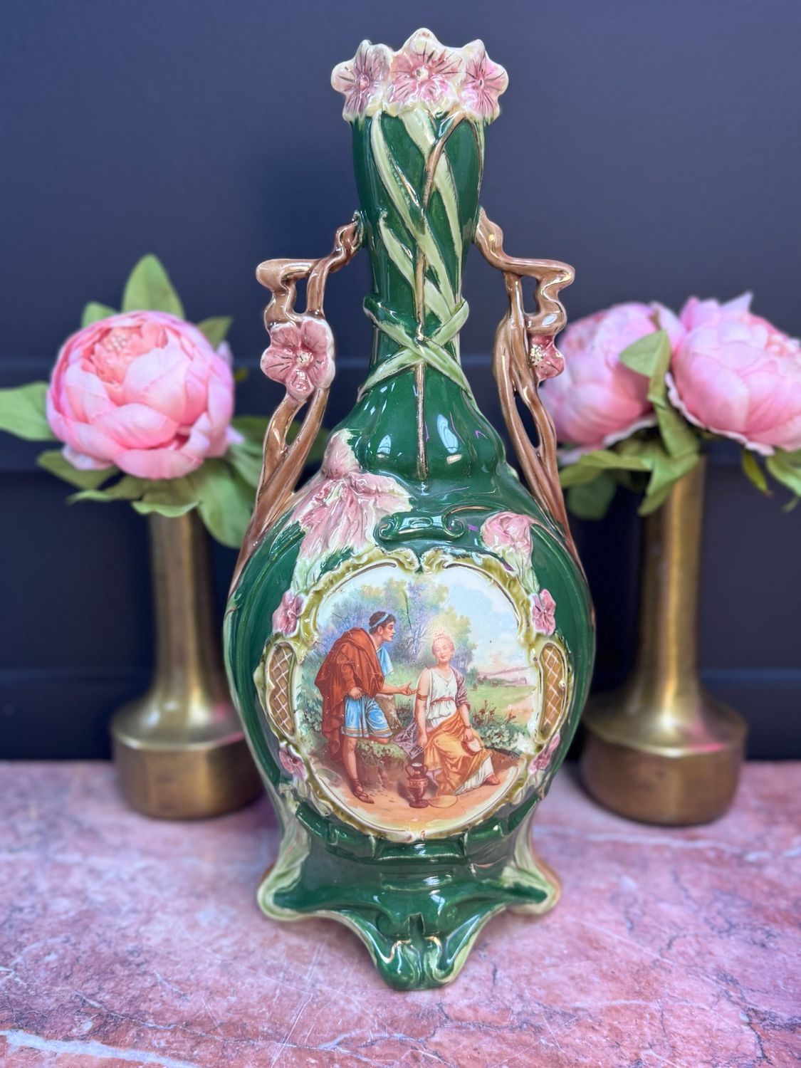 Majolica green vase with portrait