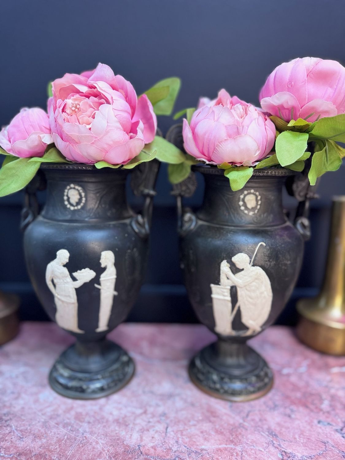 Victorian pair of metal classical urns