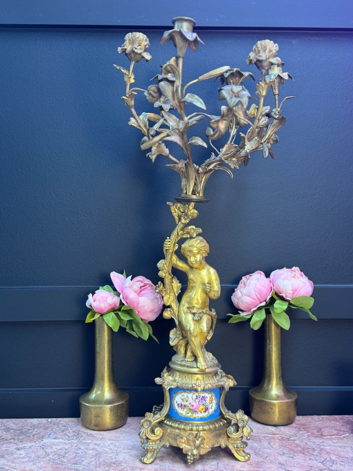 Serves guilt bronze and porcelain candelabra