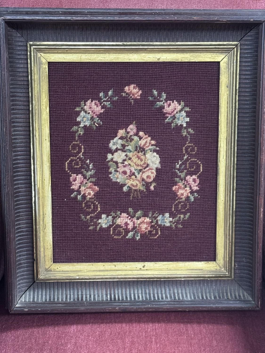 Antique Victorian Floral Needlepoint