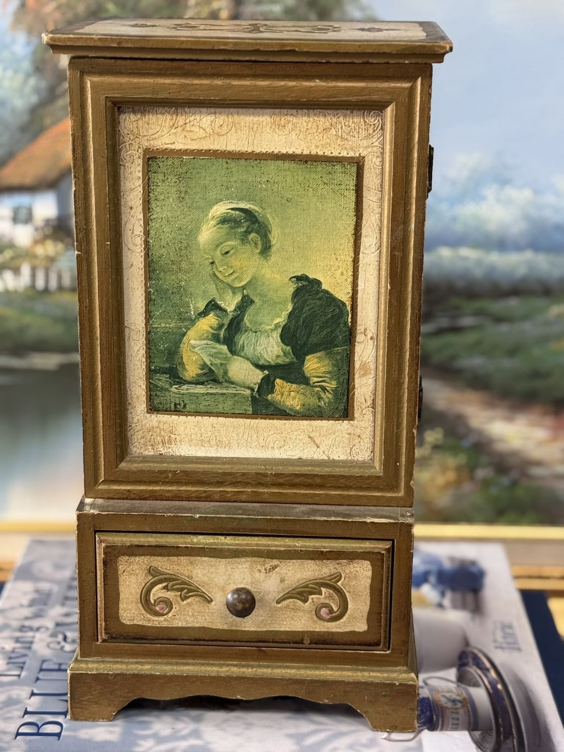 Florentine Wooden Jewelry Box with Hand-Painted Lady Portrait