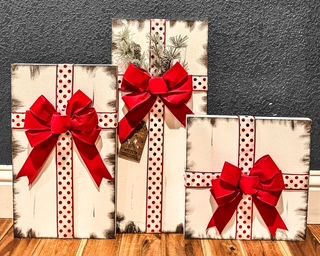 Faux Packages (red bow with red and white polka ribbon, pine sprig accents)