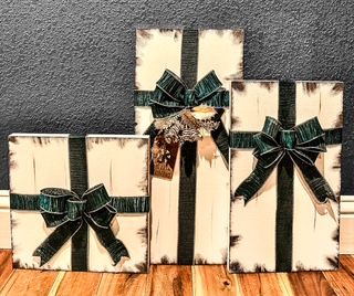 Faux Packages (green with gold edge ribbon, gold frosted pine accents)