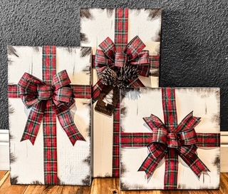 Faux Packages (red and green plaid ribbon with pine cone accent)