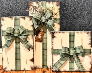 Faux Packages (lt. and dk. green plaid, gold sparkly fern with eucalyptus accents)