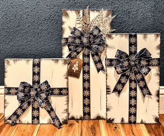 Faux Packages (navy with gold glitter snowflakes, gold fern accents)