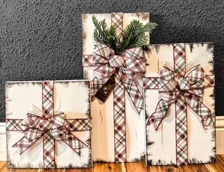 Faux Packages (white with red and green plaid, evergreen accents)