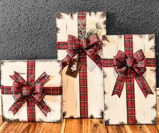 Faux Packages (red and green plaid, evergreen accents)