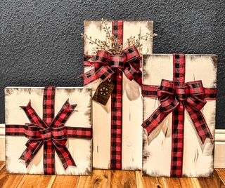 Faux Packages (red and black buffalo plaid, gold accents)
