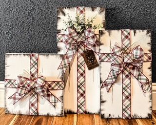 Faux Packages (white with red and green plaid, eucalyptus accents)