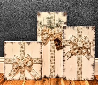 Faux Packages (cream with gold glitter snowflakes, pine sprig accents)