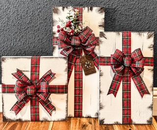 Faux Packages (red and green plaid, holly berry and eucalyptus accents)