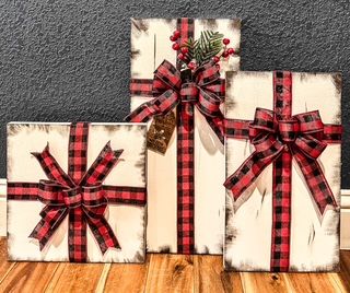 Faux Packages (red and black buffalo plaid, fern and holly berry accents)