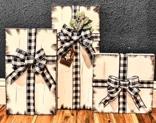 Faux Packages (black and white buffalo plaid, frosted mistletoe accents)