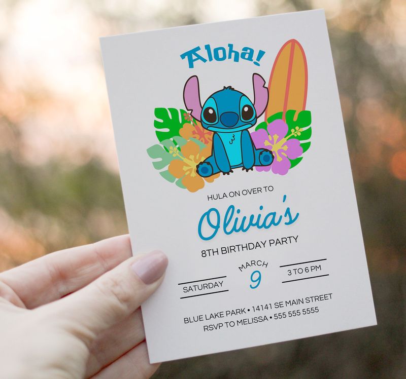 Invitación fiesta de Stitch Hawaii - Plantilla editable