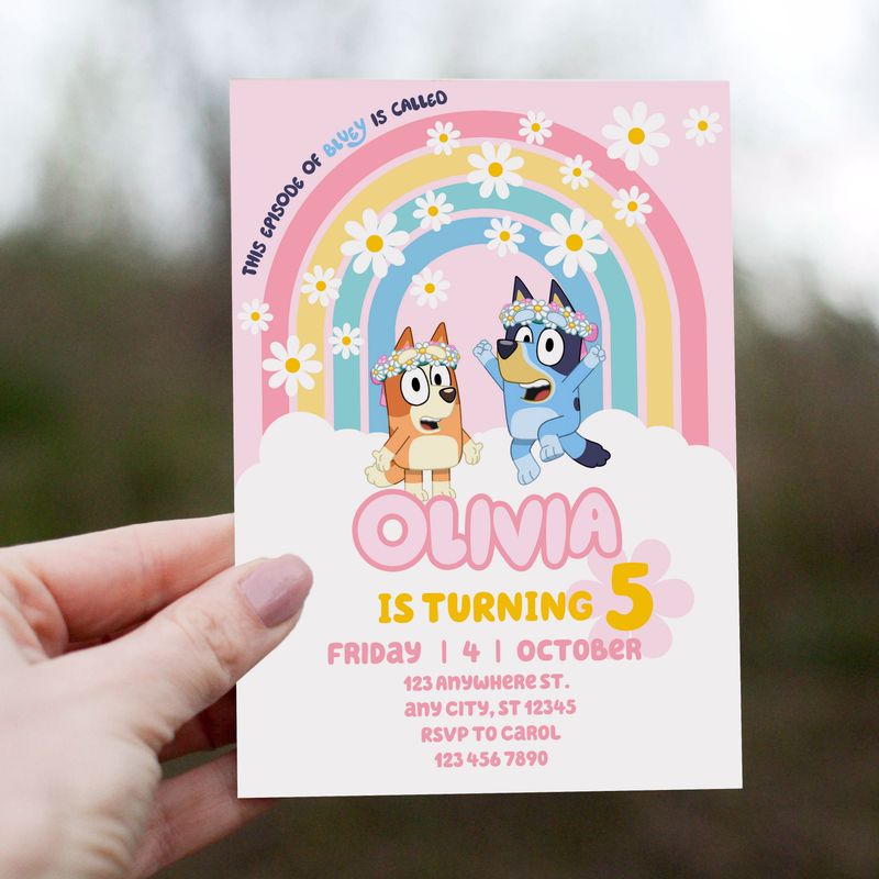 Invitación fiesta Bluey Arcoíris Flores - Plantilla editable