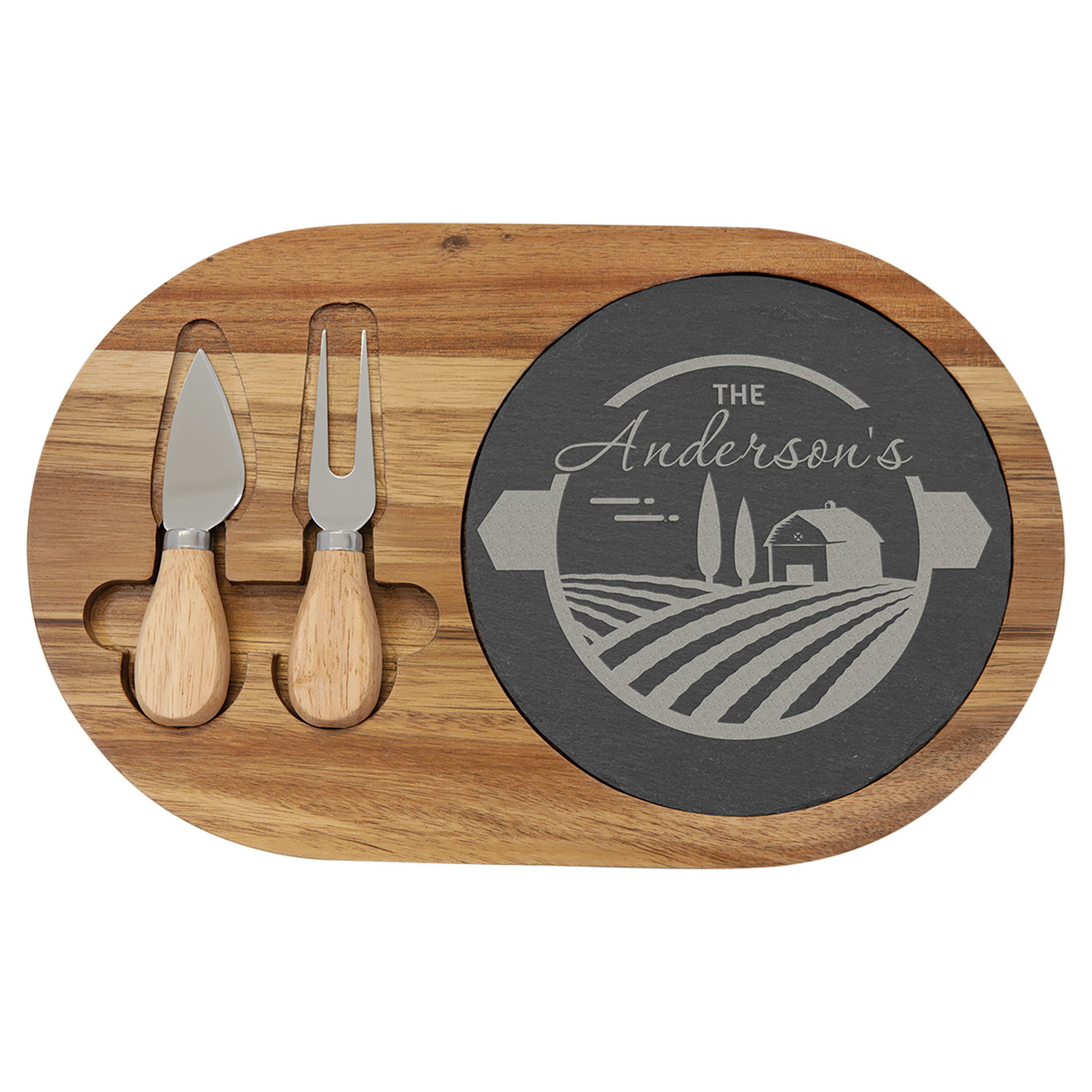 12 1/2&quot; x 7 3/4&quot; Acacia Wood/Slate Oval Cheese Set with Two Tools