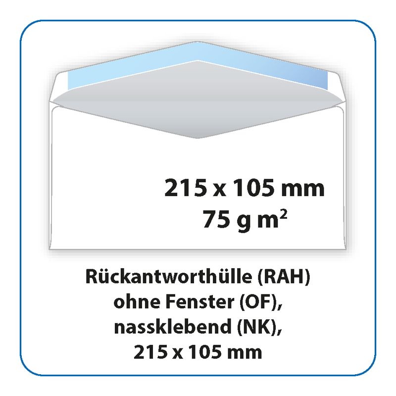 Rückantworthülle (RAH) 215 x 105 mm, weiß, 75 g m2, nassklebend (NK), ohne Fenster (OF)