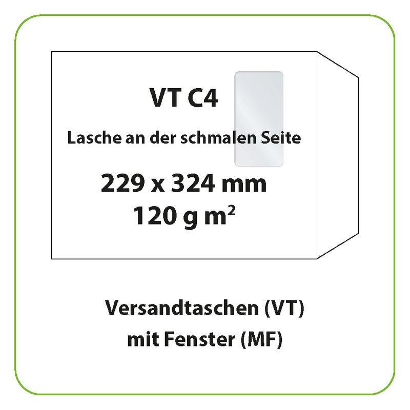 Versandtasche (VT), C4, 229 x 324 mm, 120 g m2, Haftklebung (HK), mit Fenster (MF)