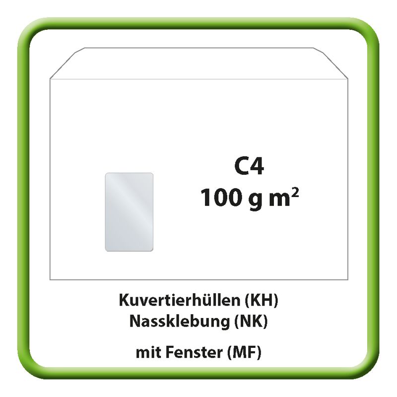 Kuvertierhülle (KH), C4, 229 x 324 mm, 100 g m2, ISK/ASK, Nassklebung (NK), mit Fenster (MF)