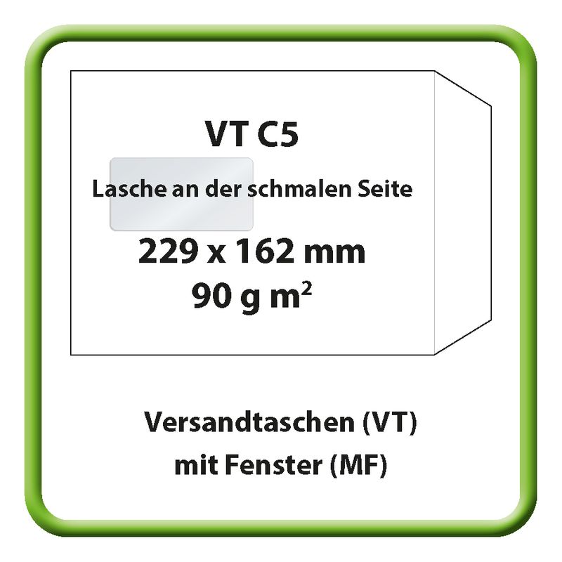 Versandtasche (VT), C5, 229 x 162 mm, 90 g m2, Haftklebung (HK), mit Fenster (MF)