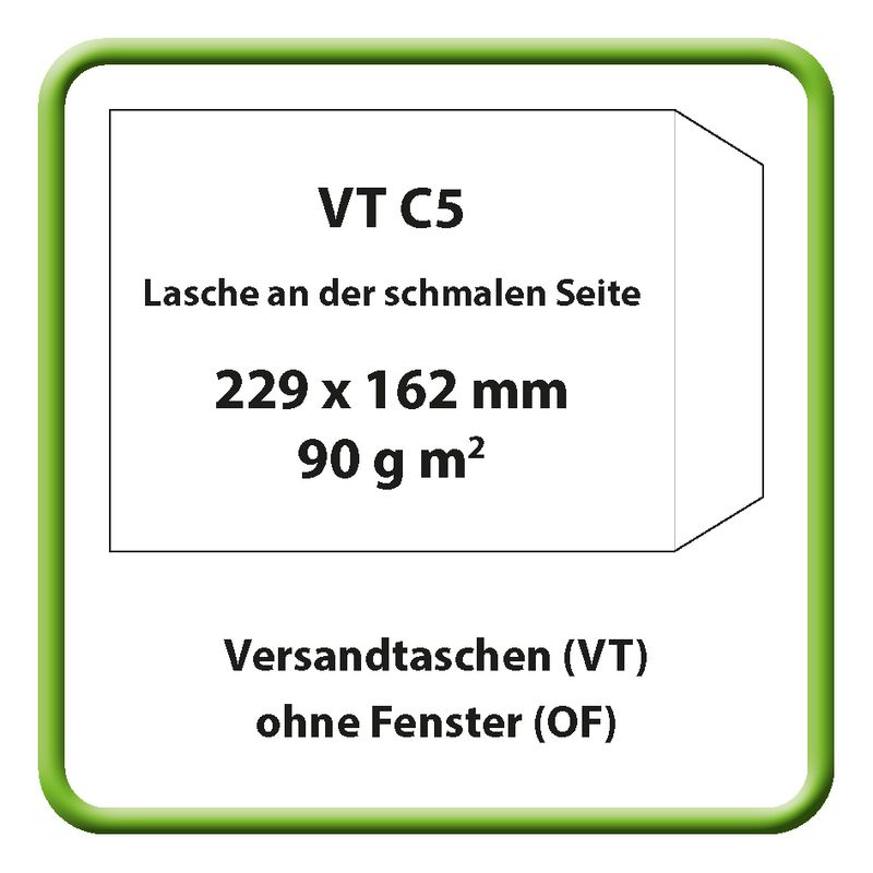 Versandtasche (VT), C5, 229 x 162 mm, 90 g m2, Haftklebung (HK), ohne Fenster (OF)