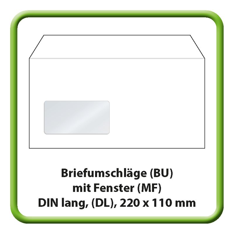 Briefumschlag DIN Lang (DL), (220 x 110 mm), 80 g m2, Haftklebung (HK), mit Fenster (MF)