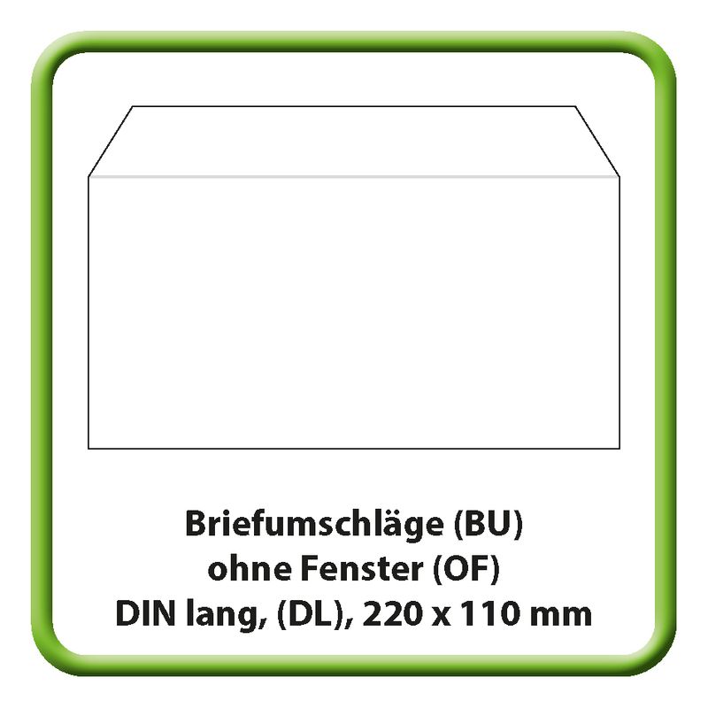 Briefumschlag DIN lang (DL), (220 x 110 mm), 80 g m2, Haftklebung (HK), ohne Fenster (OF)