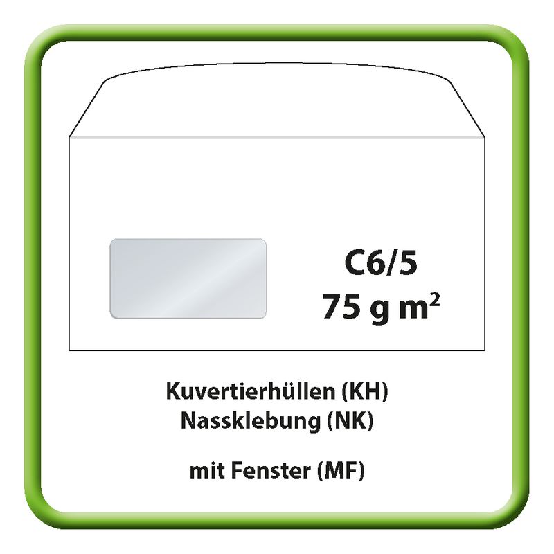 Kuvertierhülle (KH), C6/5, 229 x 114 mm, 75 g m2, ASK, Nassklebung (NK), mit Fenster (MF)