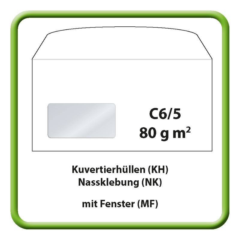 Kuvertierhülle (KH), C6/5, 229 x 114 mm, 80 g m2, ASK, Nassklebung (NK), mit Fenster (MF)