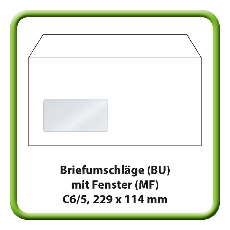 Briefumschlag C6/5, (229 x 114 mm), 80 g m2, Haftklebung (HK), mit Fenster (MF)