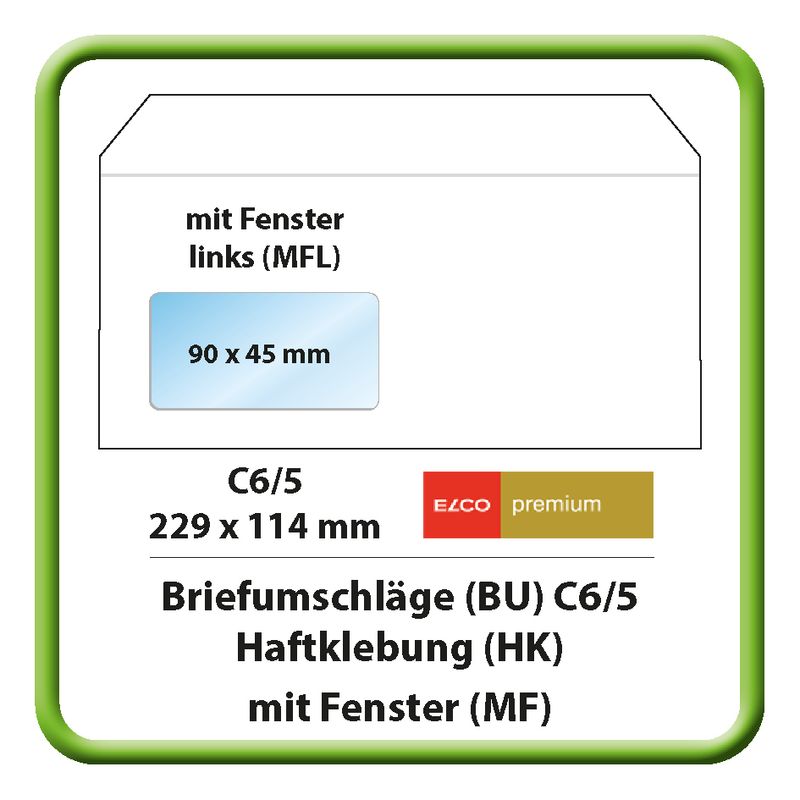 Briefumschlag (BU), C6/5, 229 x 114 mm, Elco Premium, 100 g m2, Haftklebung (HK), mit Fenster links (MFL)