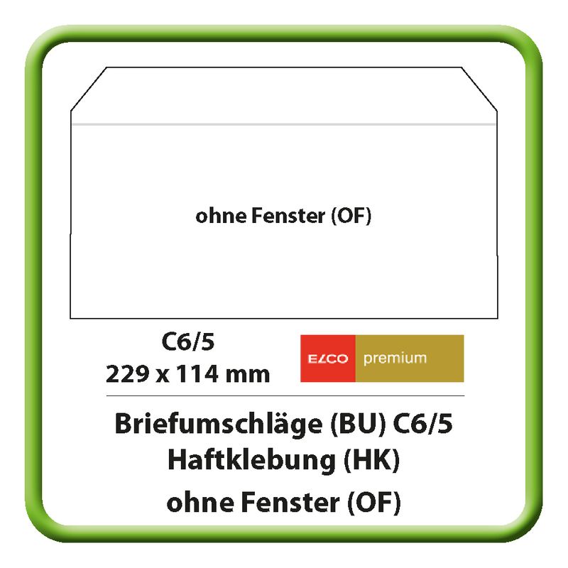 Briefumschlag (BU), C6/5, 229 x 114 mm, Elco Premium, 100 g m2, Haftklebung (HK), ohne Fenster (OF)