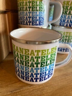 Blue rainbow Skaneateles enamelware mug